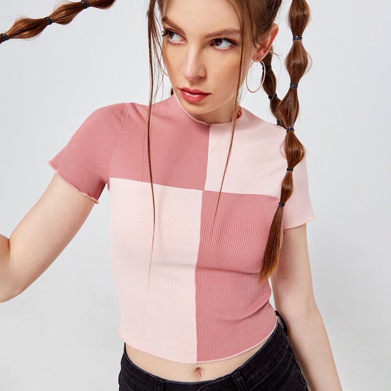 

Colorblock Rib-knit Crop Tee, Pink