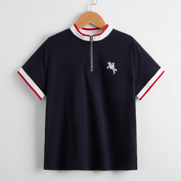

Boys Striped Trim Graphic Embroidery Polo Shirt, Navy blue