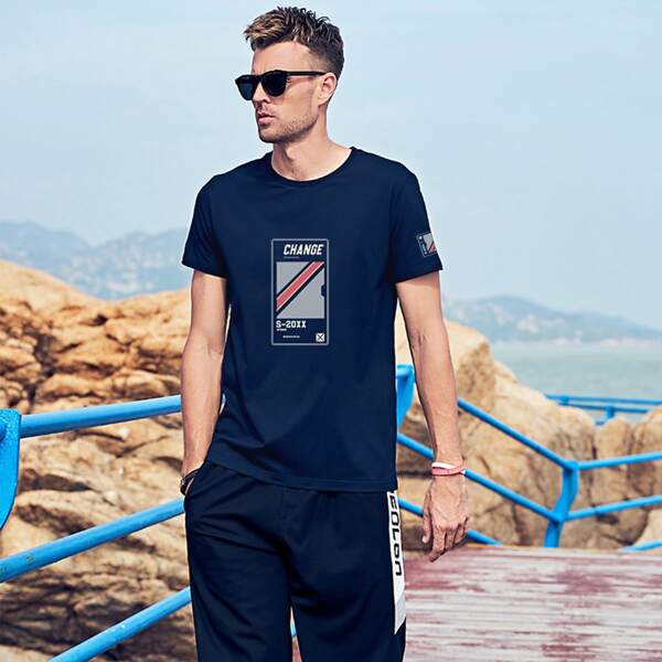 

Men Letter & Geo Graphic Tee, Navy blue