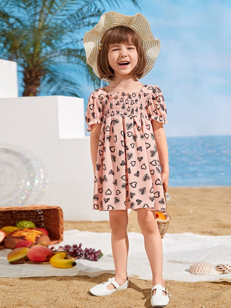 Toddler Girls Heart Print Shirred A-line Dress