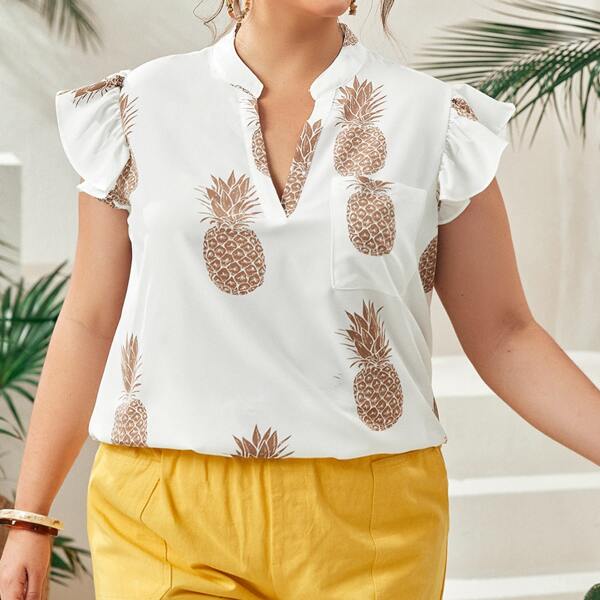 

Plus Notch Neck Patch Pocket Pineapple Print Top, White