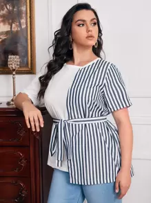 SHEIN Plus Two Tone Striped Colorblock Stepped Hem Belted Tee - Multicolor - View 1