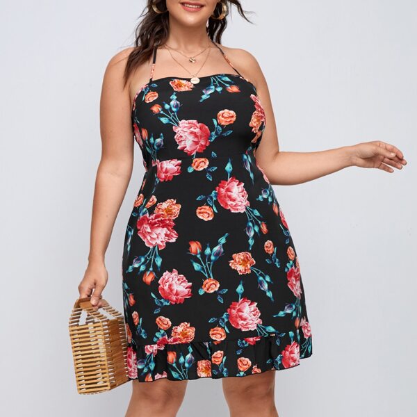 

Plus Floral Print Halter Dress, Multicolor