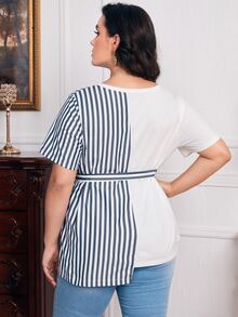 SHEIN Plus Two Tone Striped Colorblock Stepped Hem Belted Tee - Multicolor - View 2