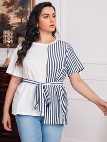 SHEIN Plus Two Tone Striped Colorblock Stepped Hem Belted Tee - Multicolor - View 3
