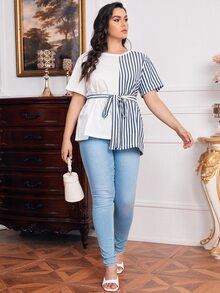 SHEIN Plus Two Tone Striped Colorblock Stepped Hem Belted Tee - Multicolor - View 4