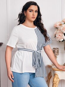 SHEIN Plus Two Tone Striped Colorblock Stepped Hem Belted Tee - Multicolor - View 5