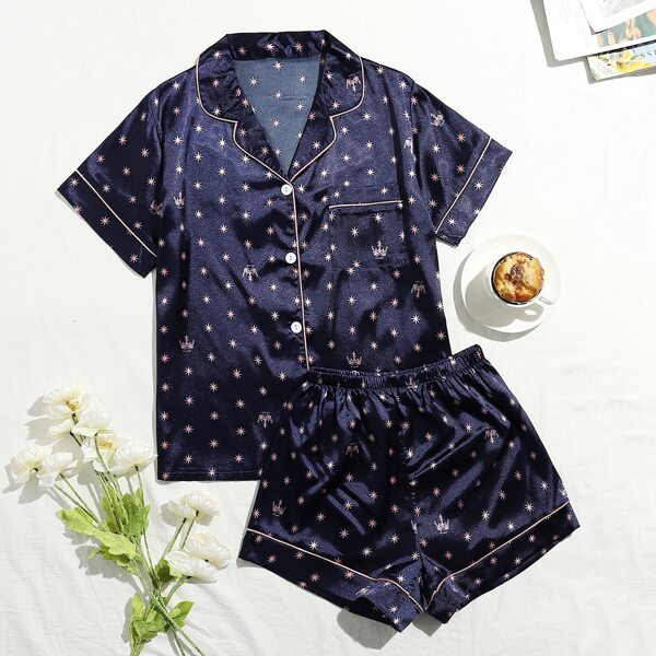 

Star And Crown Print Satin Night Set, Navy blue