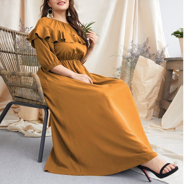 

Plus Ruffle Trimed Tie Back A-line Dress, Mustard yellow