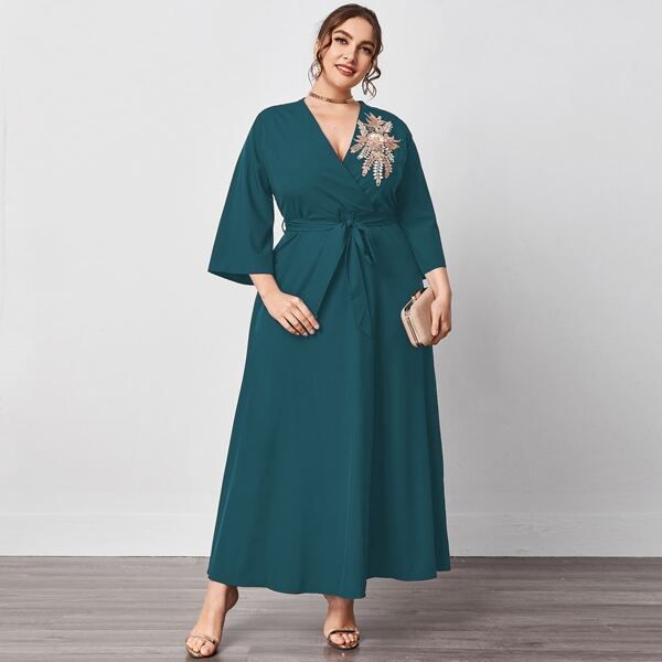 

Plus Appliques Belted Wrap Dress, Teal blue