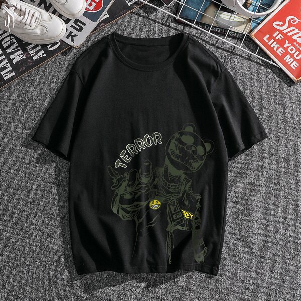 

Men Letter And Cartoon Graphic Tee, Black