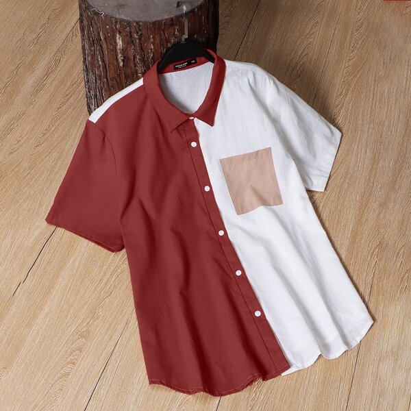 

Plus Color-block Button Up Blouse, Red and white