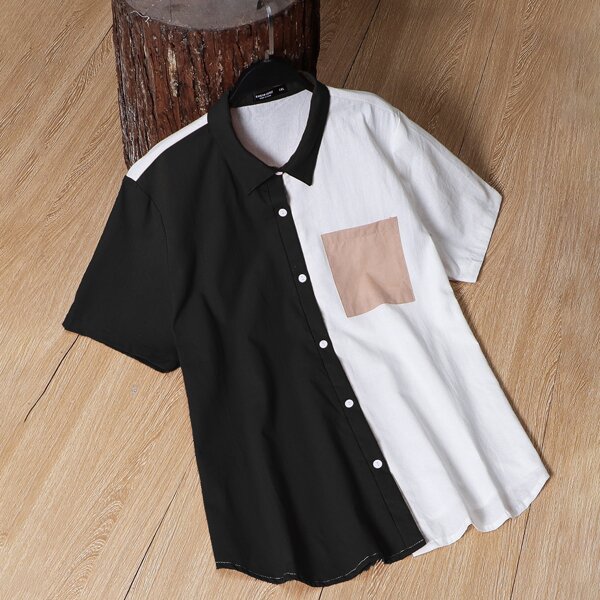

Plus Color-block Button Up Blouse, Black and white