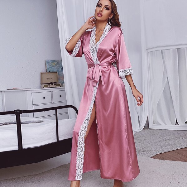 

Satin Contrast Lace Trim Belted Night Robe, Dusty pink