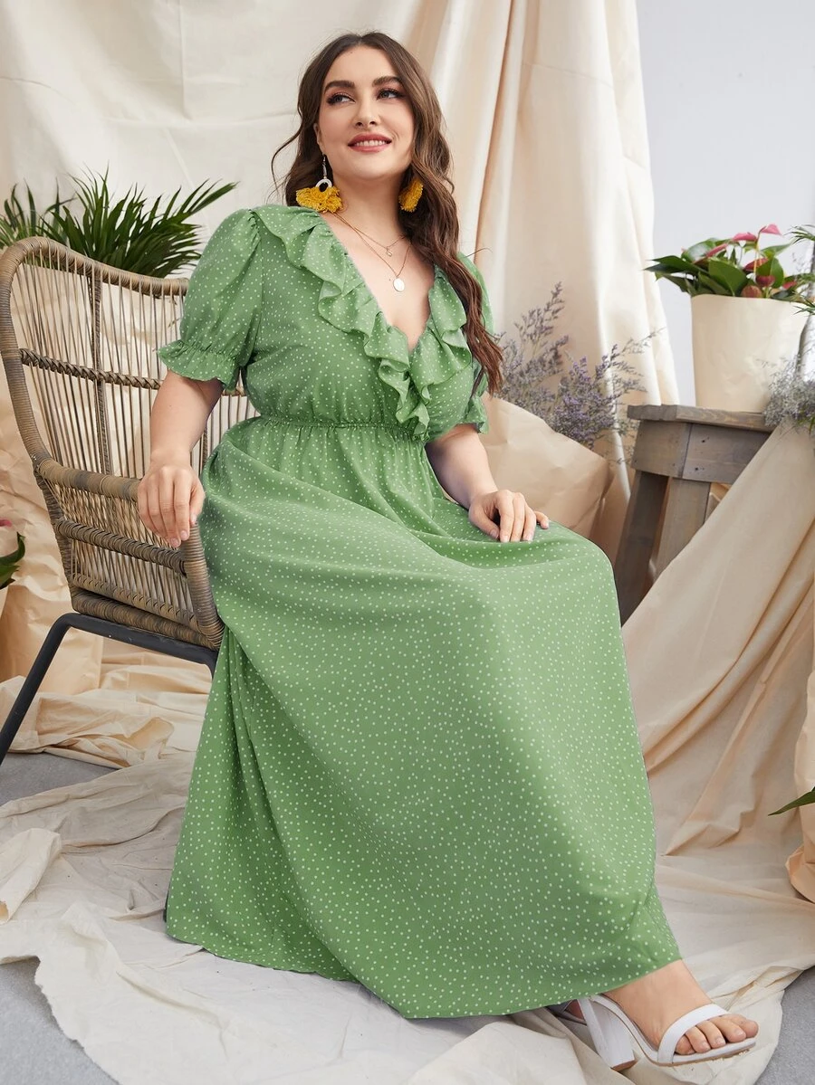 Plus Polka Dot Ruffle Trim A-line Dress - Lime Green - View 1