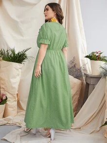 Plus Polka Dot Ruffle Trim A-line Dress - Lime Green - View 2