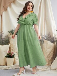Plus Polka Dot Ruffle Trim A-line Dress - Lime Green - View 3