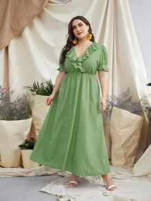 Plus Polka Dot Ruffle Trim A-line Dress - Lime Green - View 4