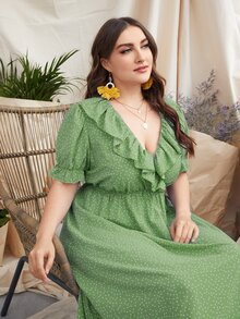 Plus Polka Dot Ruffle Trim A-line Dress - Lime Green - View 5