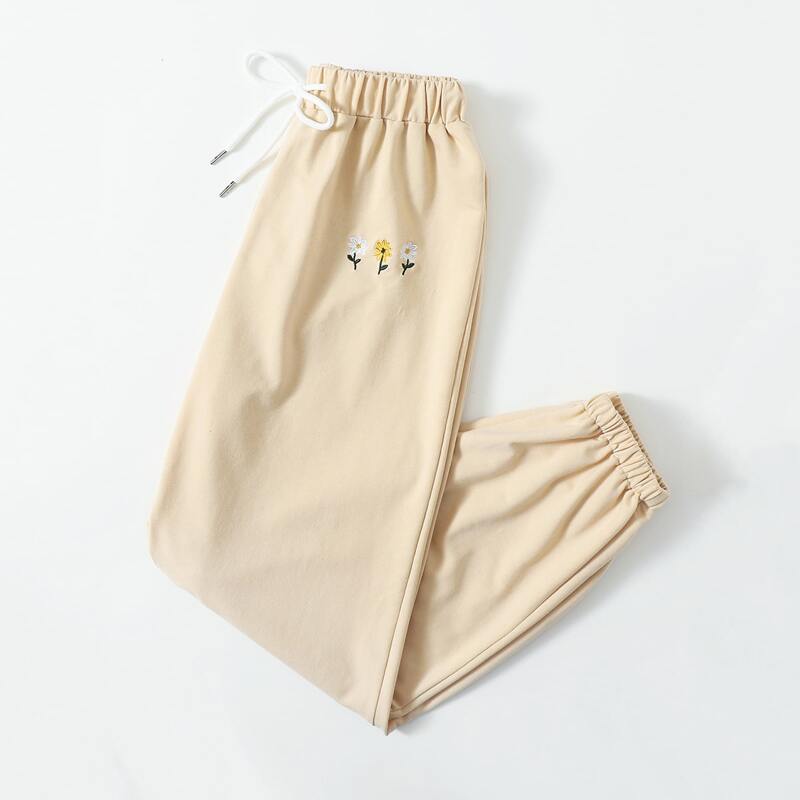 

Floral Embroidery Drawstring Sweatpants, Beige