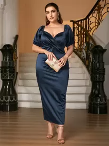 Đầm Plus Size Trọn gói màu trơn Hấp dẫn - Màu xanh hải quân - Xem 1