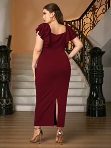 فستان بظهر مشقوق بلون موحد مقاس كبير - عنابي اللون - مشاهدة 2