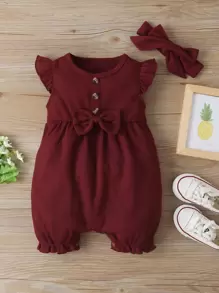 Baby Girl Bow Front Romper & Headband - Burgundy - View 1