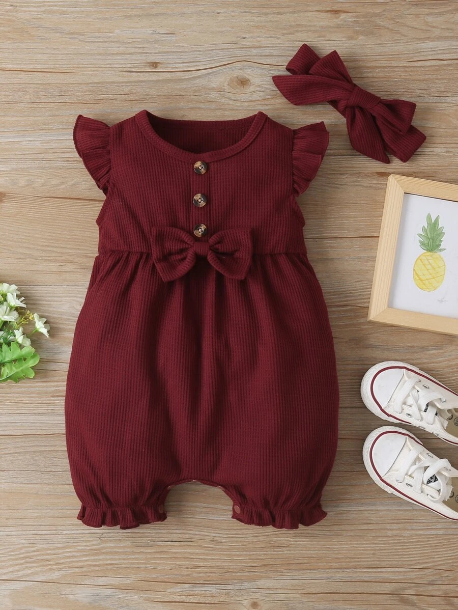 Baby Girl Bow Front Romper & Headband - Burgundy - View 1
