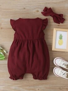 Baby Girl Bow Front Romper & Headband - Burgundy - View 2