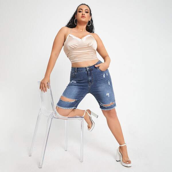 

Plus High Waist Ripped Raw Hem Denim Shorts, Dark wash