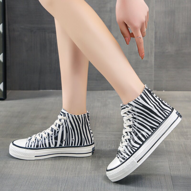 

Zebra Striped Lace-up High Top Canvas Sneakers, Black and white