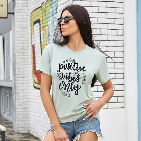 

Plants And Slogan Graphic Tee, Mint green