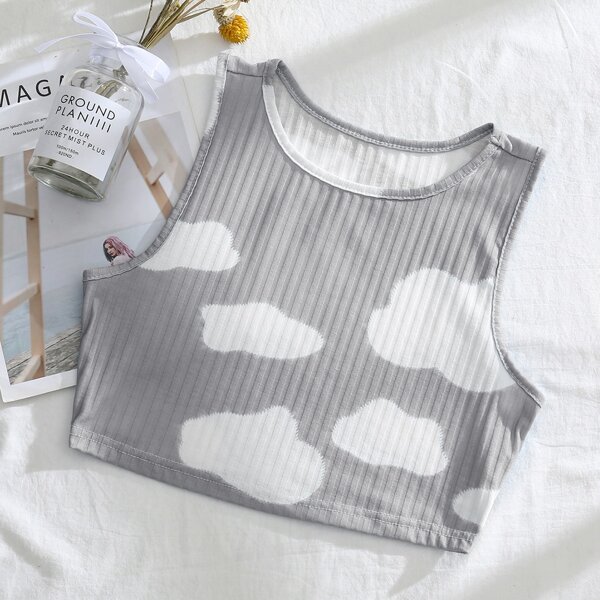 

Clouds Print Rib-Knit Tank Top, Grey