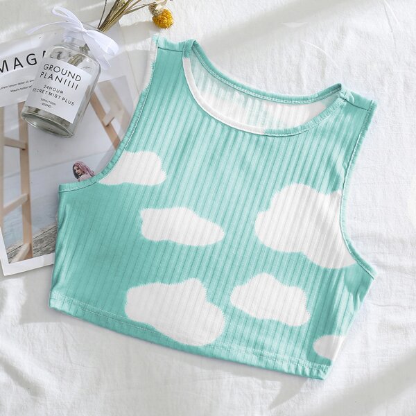 

Clouds Print Rib-Knit Tank Top, Mint green