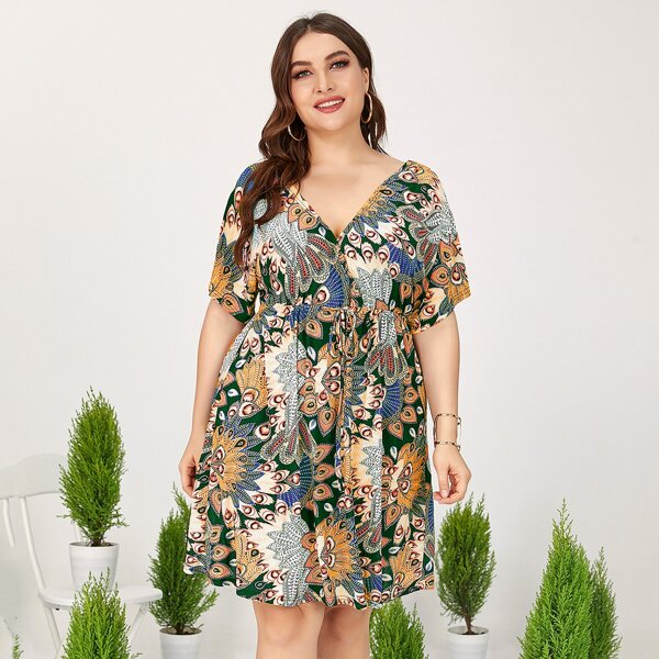 

Plus Feather Print Surplice Front Drawstring Waist Dress, Multicolor