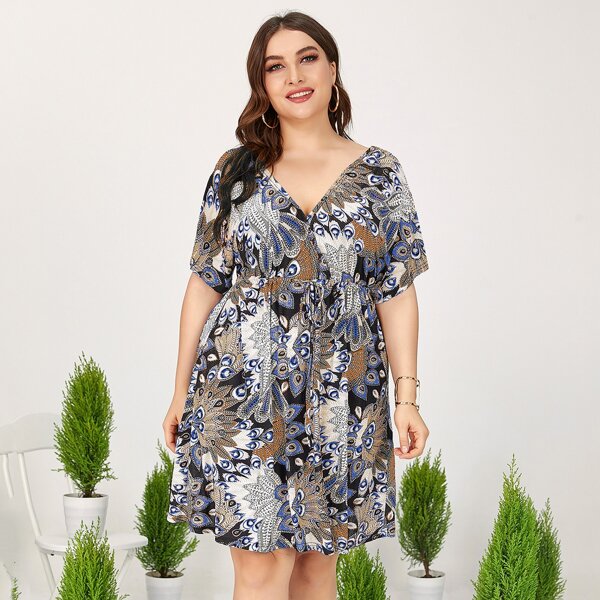 

Plus Feather Print Surplice Front Drawstring Waist Dress, Multicolor