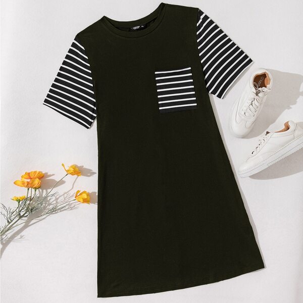 

Plus Contrast Striped Pocket Front Dress, Army green