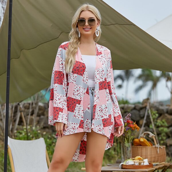 

Plus Patchwork Print Kimono, Multicolor