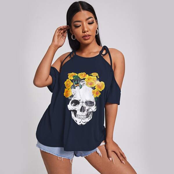 

Plus Floral & Skull Print Cold Shoulder Tee, Navy blue