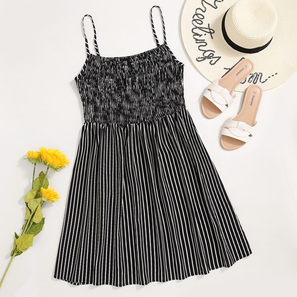 

Plus Striped Shirred Bodice Cami Dress, Black