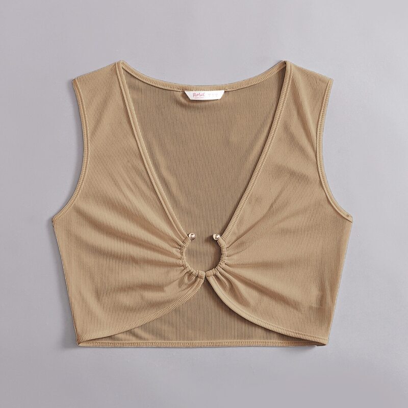 

Solid Ring Decor Ribbed Tank Top, Khaki