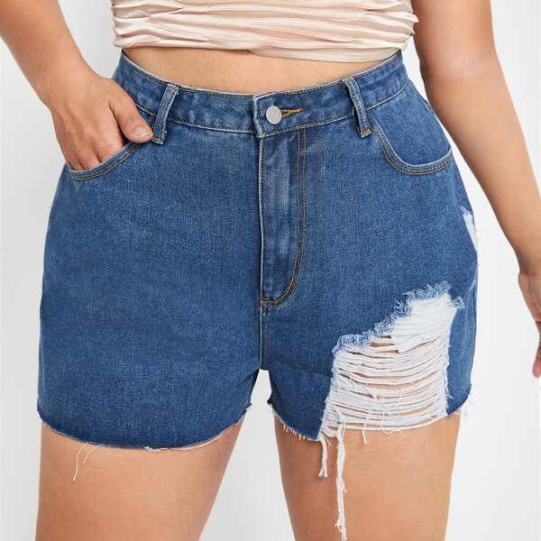 

Plus High Waist Ripped Raw Hem Denim Shorts, Medium wash