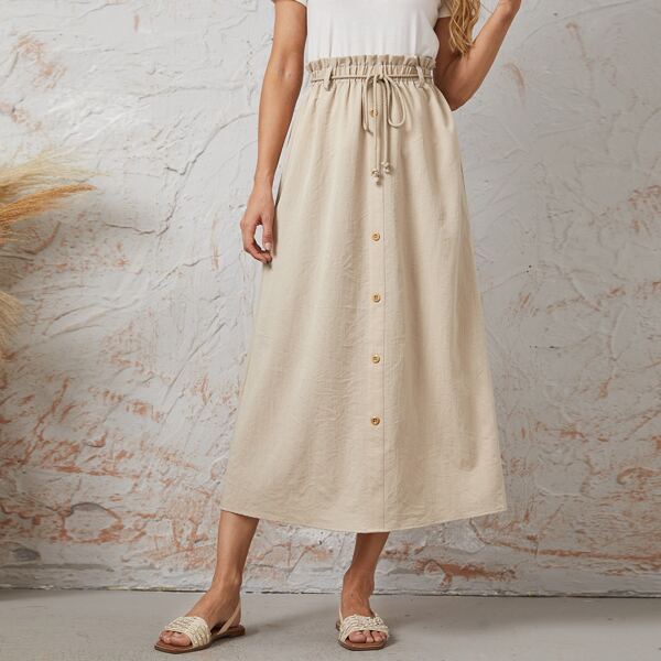 

Paperbag Waist Belted Skirt, Khaki