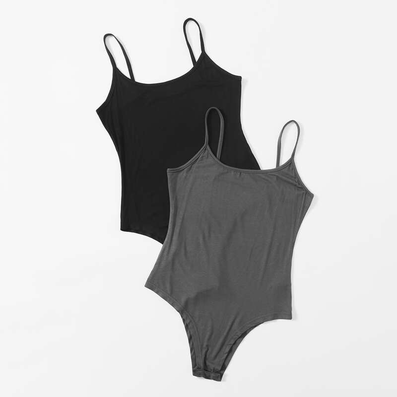 

2pcs Solid Cami Bodysuit, Multicolor