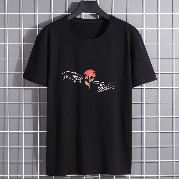 

Men Gesture & Rose Print Tee, Black