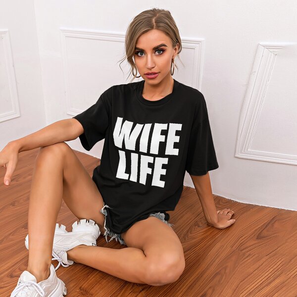 

Drop Shoulder Letter Graphic Tee, Black