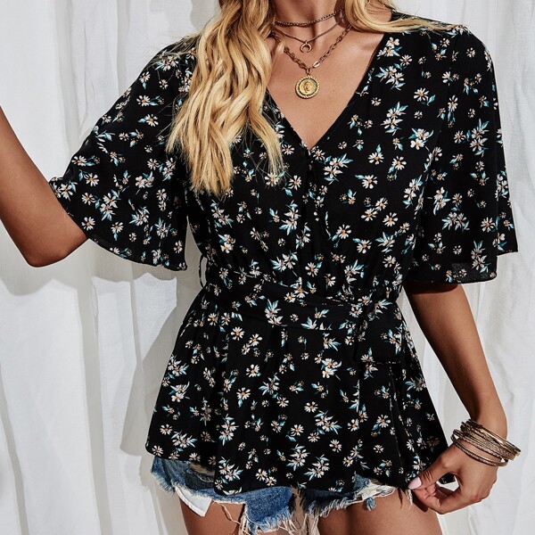 

Self Belted Floral Top, Black