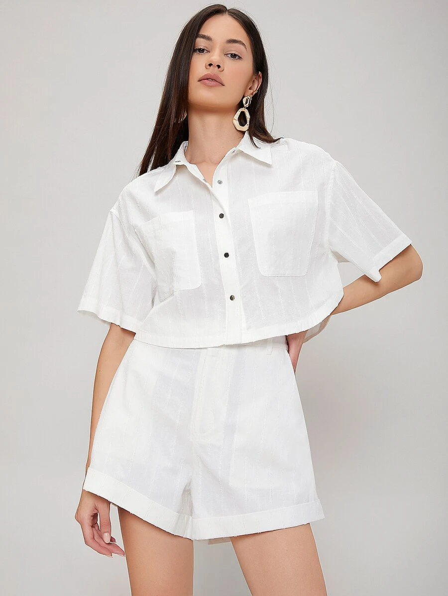 SHEIN Conjunto camisa de lino con shorts - Blanco - Ver 1