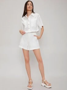 SHEIN Conjunto camisa de lino con shorts - Blanco - Ver 3