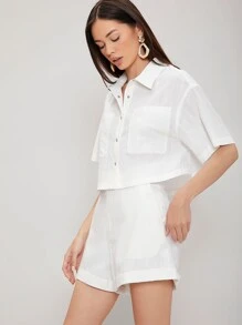 SHEIN Conjunto camisa de lino con shorts - Blanco - Ver 4